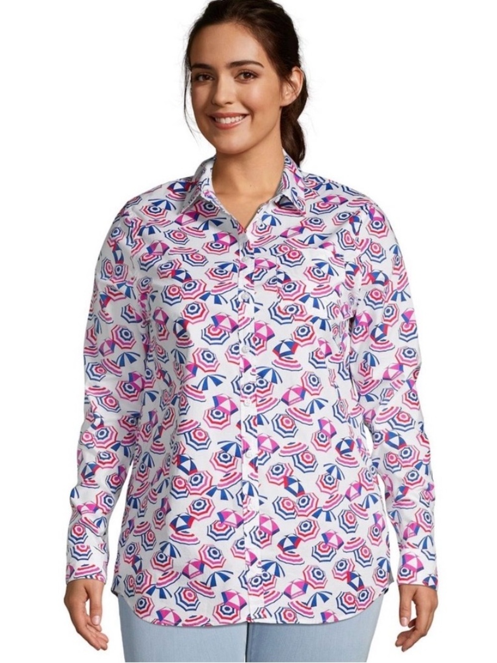 Lands End Beach Umbrella Roll Tab Sleeve Poplin Boyfriend Button Down Shirt M P